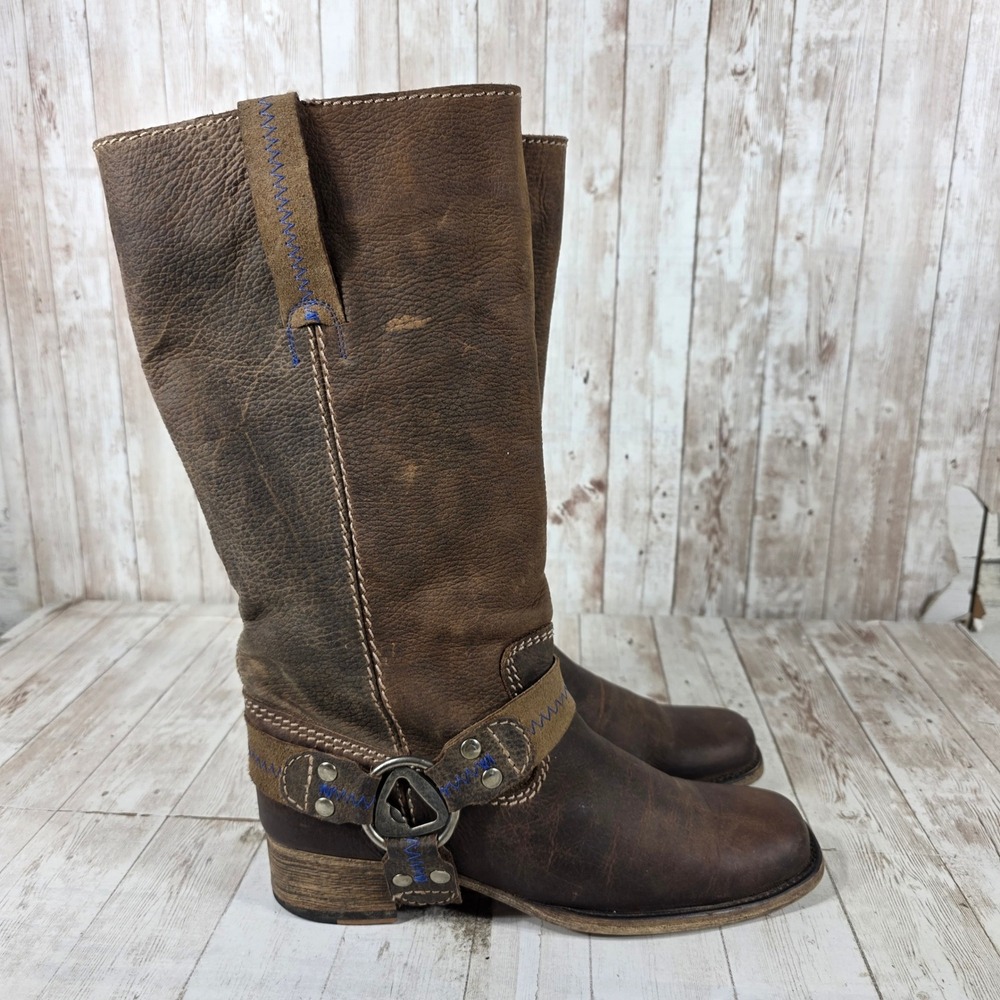 Bed Stu Brown Leather Harness Tall Boots Square Toe Blue Stitching 7.5